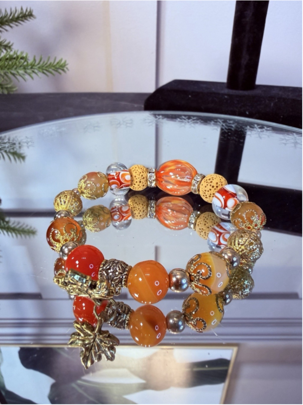 HANDMADE yellow orange beaded BRACELET hand blown glass Gold accents
